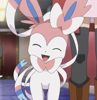 Smiling Sylveon Pokemon character with pink and white ribbons