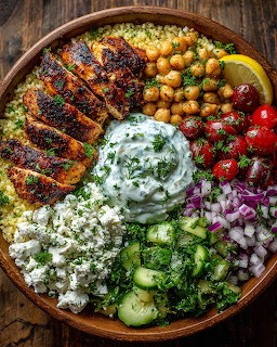 Overhead view of a healthy grain bowl with grilled chicken, chickpeas, cucumber, tomatoes and yogurt dressing