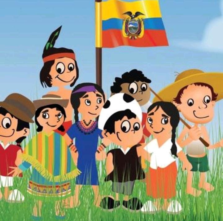 Cartoon children in traditional Ecuadorian outfits with the Ecuador flag in the background