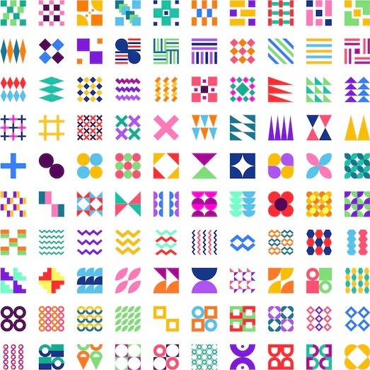 Grid of 100 colorful geometric pattern tiles with varied shapes and designs