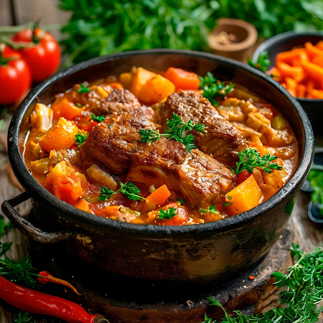 Beef stew with carrots, potatoes and herbs in black cast iron pot surrounded by fresh ingredients