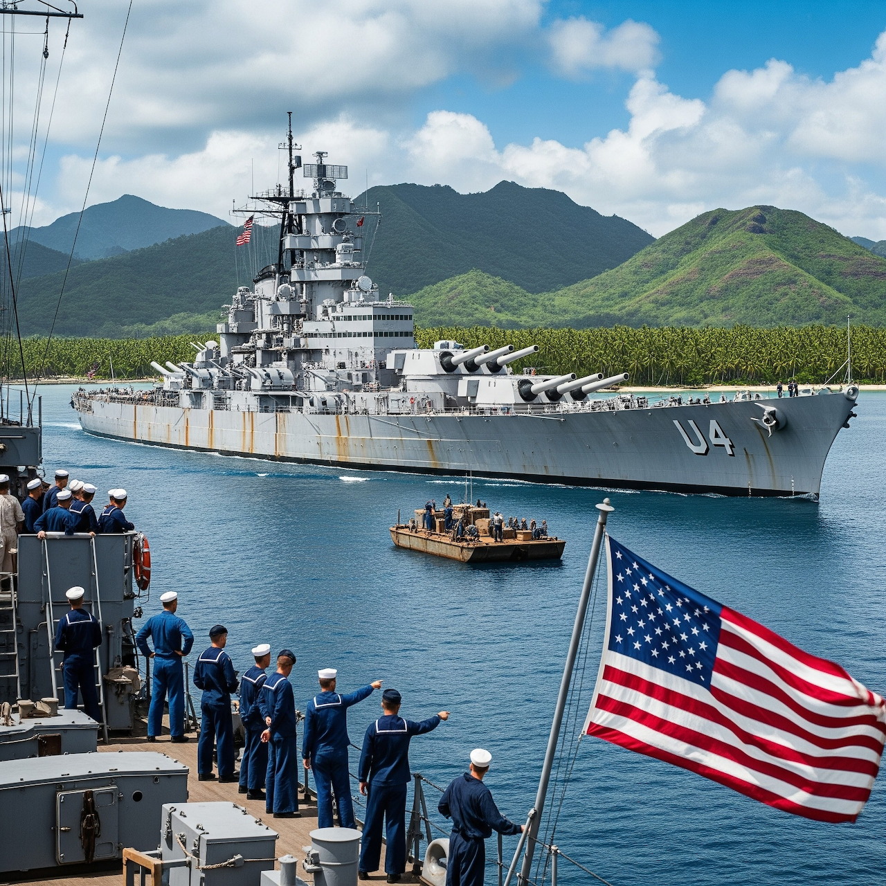 WWII warship USS St. Louis in tropical harbor with sailors on dock and American flag, mountainous island backdrop