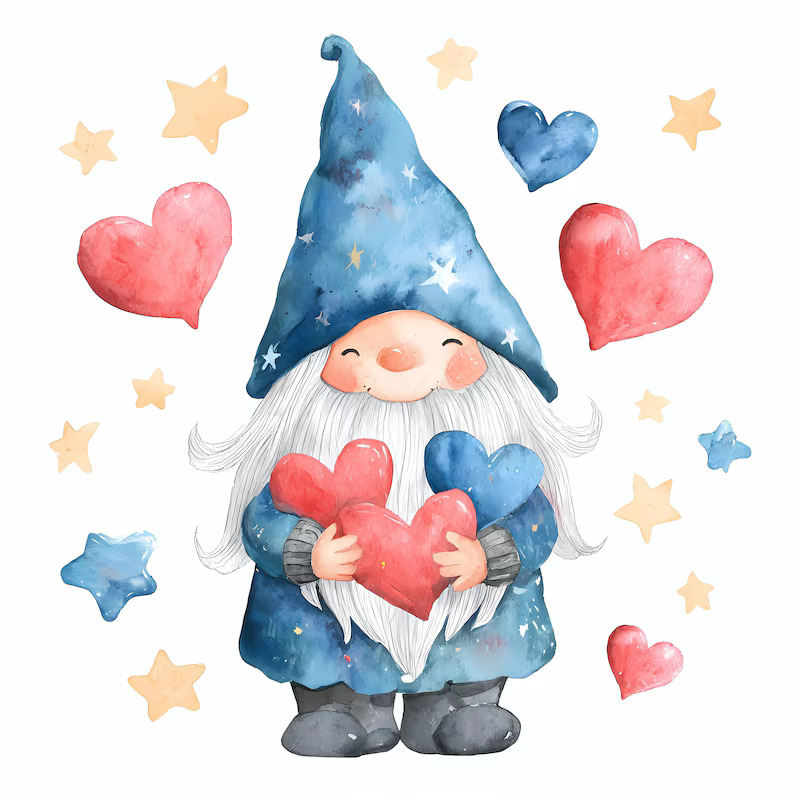 Watercolor gnome with blue hat holding pink heart surrounded by stars and hearts