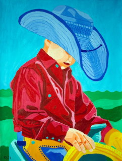 Colorful painting of a young cowboy in red shirt and oversized blue hat holding a saddle horn