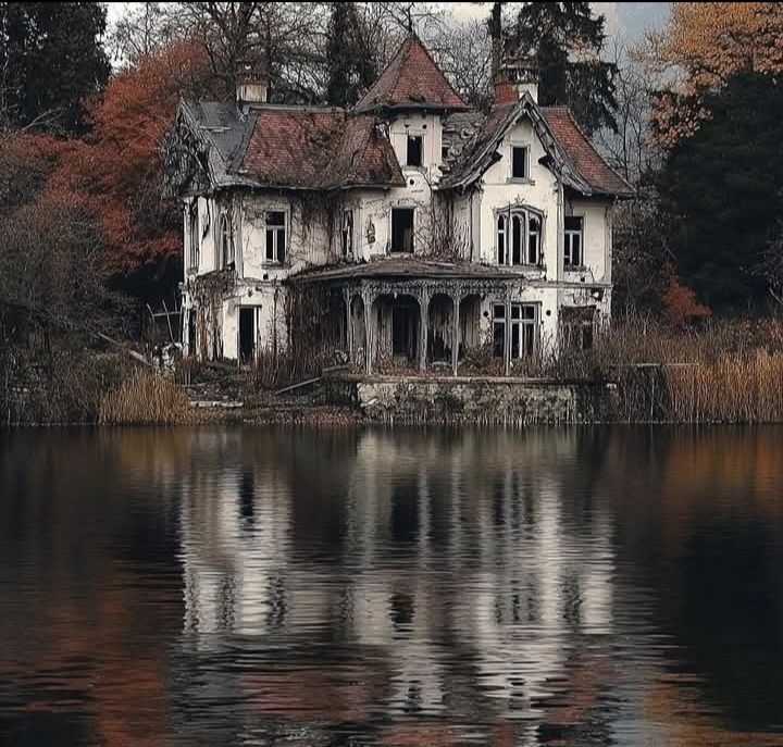 Abandoned white Victorian mansion reflected in a calm lake surrounded by autumn foliage