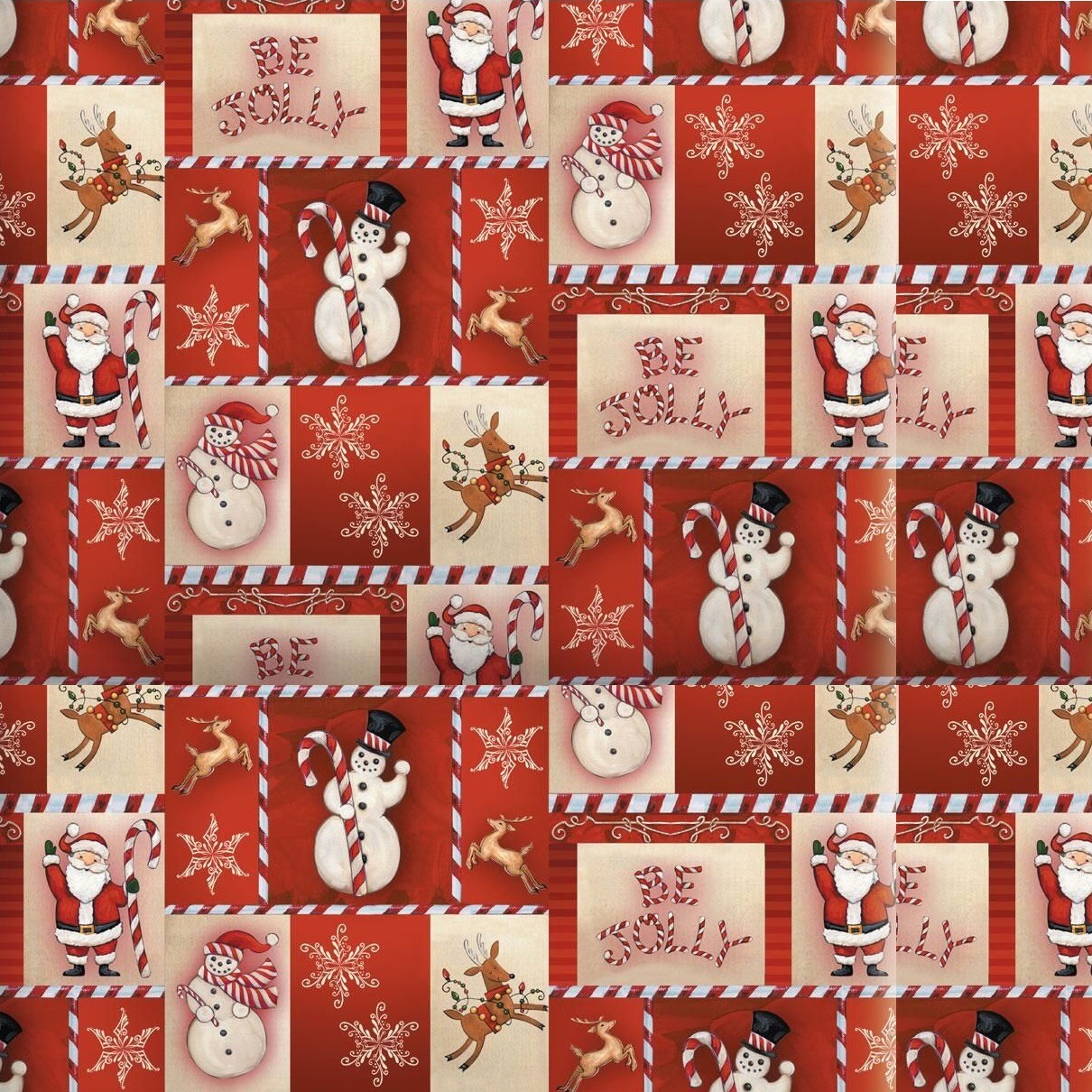 Christmas patchwork pattern with snowmen, Santa, candy canes, and snowflakes in red and cream squares