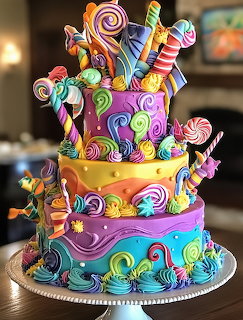 Multi-tiered fantasy cake with rainbow swirls, lollipops, candy canes, and colorful frosting decorations