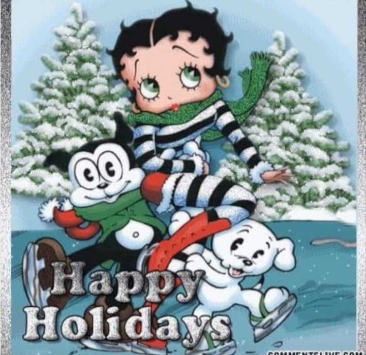 Betty Boop cartoon in winter with Casper, snowy trees, and Happy Holidays text