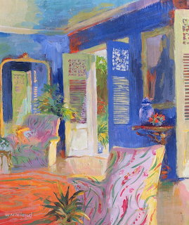 Impressionist painting of blue interior room with doorways, plants and colorful furniture