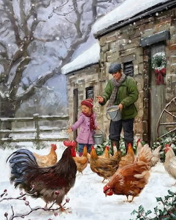 Man and girl feeding chickens in snowy farmyard beside stone cottage with Christmas wreath