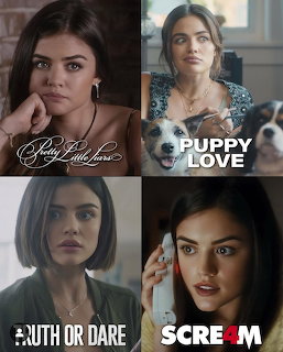 Four-panel collage of Lucy Hale in different movie and TV show roles