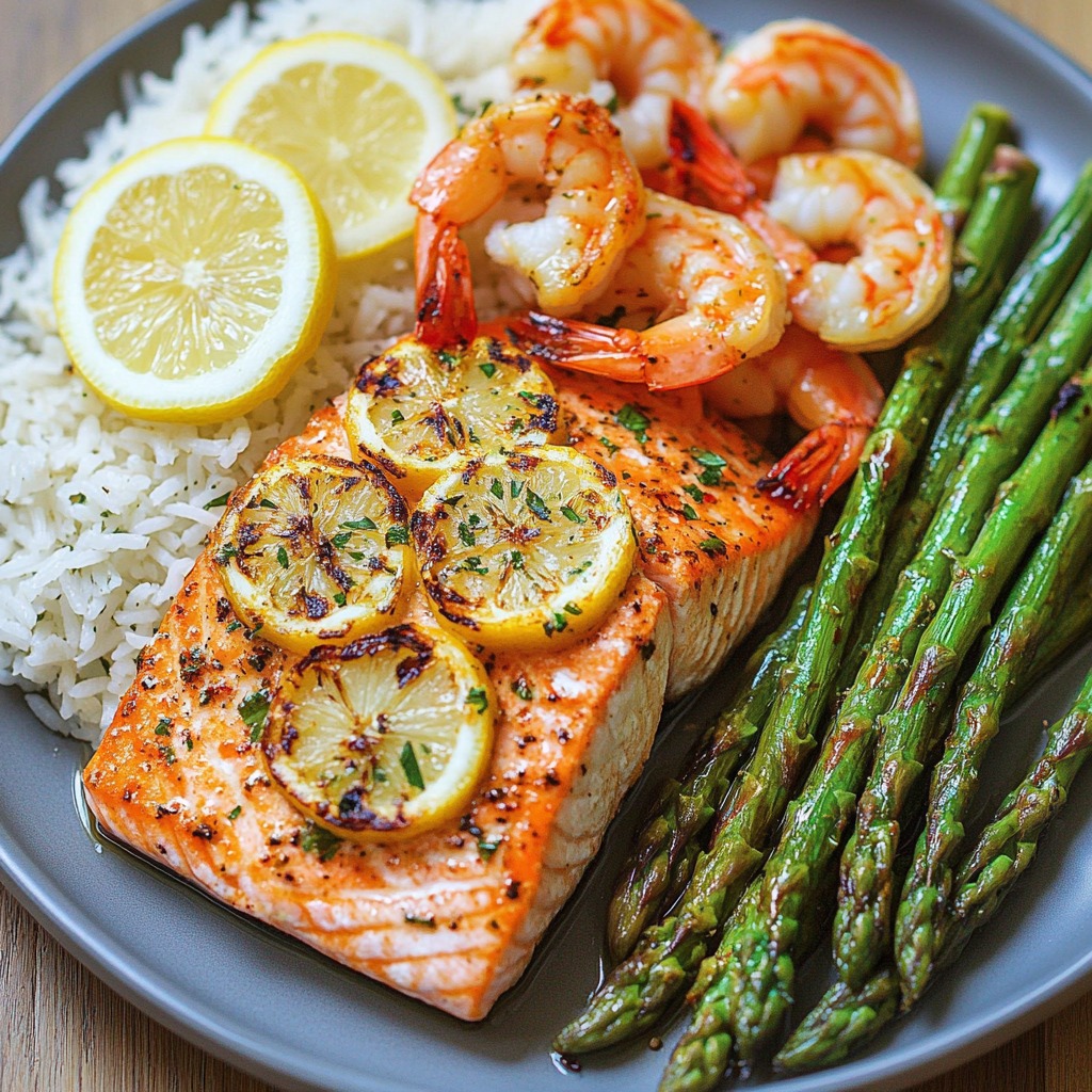 Grilled salmon with lemon, shrimp, asparagus and rice on gray plate