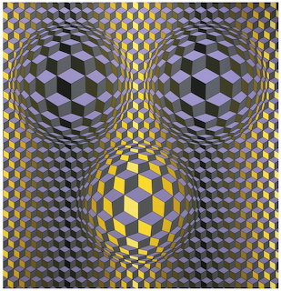 Geometric op art showing three optical illusion spheres in a purple, gray, black, and yellow cube pattern