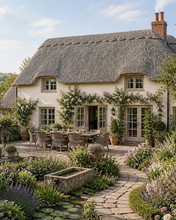 Cream cottage with thatched roof and garden patio with outdoor dining set under blue sky