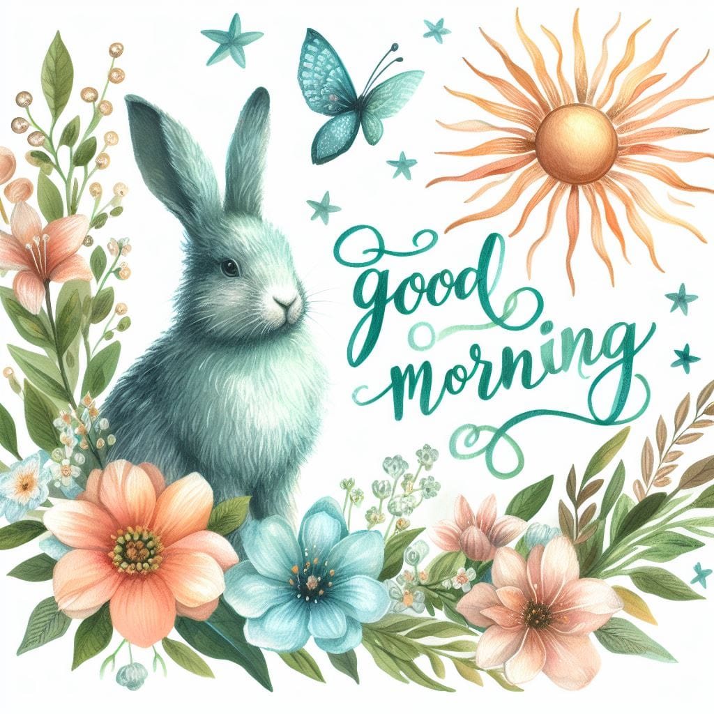 Turquoise rabbit with flowers, butterflies, sun and Good Morning text in decorative floral arrangement