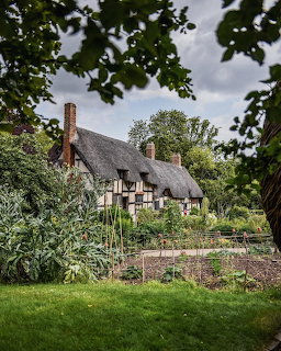 Thatched cottage with garden framed by tree branches in Shottery village