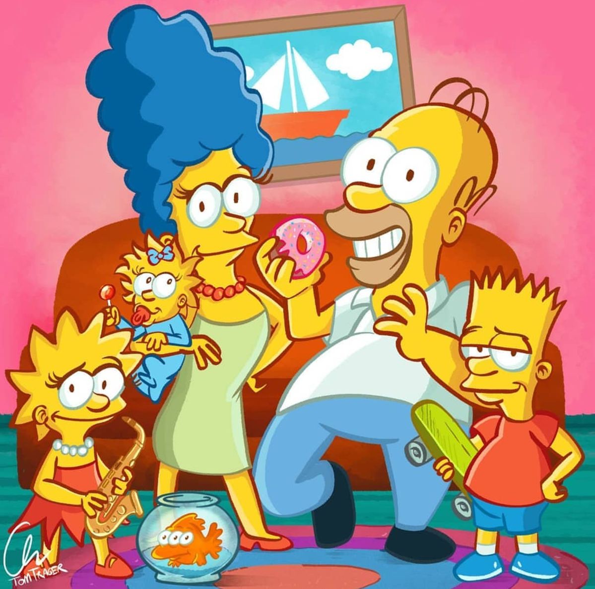 The Simpsons family posed together: Homer, Marge, Bart, Lisa, and Maggie with their pet cat