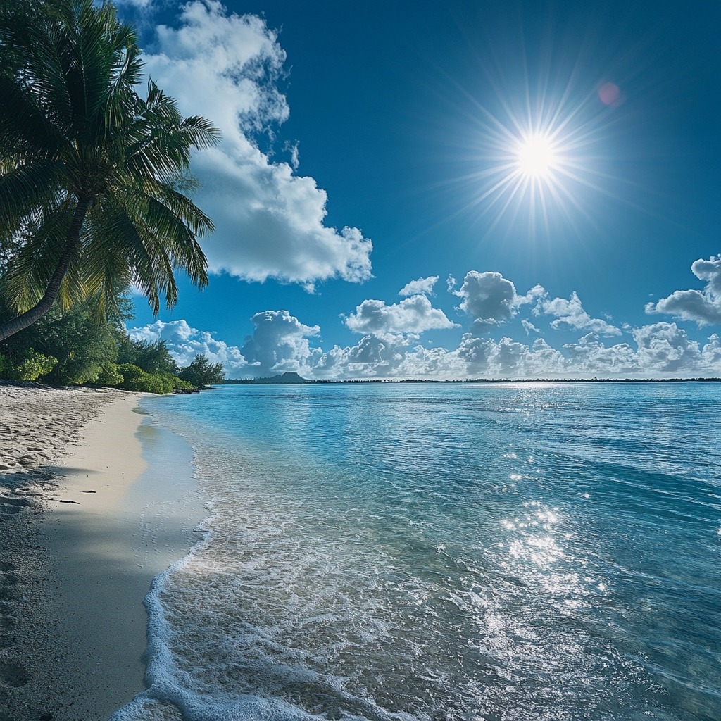 Tropical beach with palm trees, white sand, calm ocean, and bright sun in a blue sky