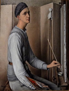 Painted self-portrait of a man in a beret holding a paintbrush and palette beside a canvas
