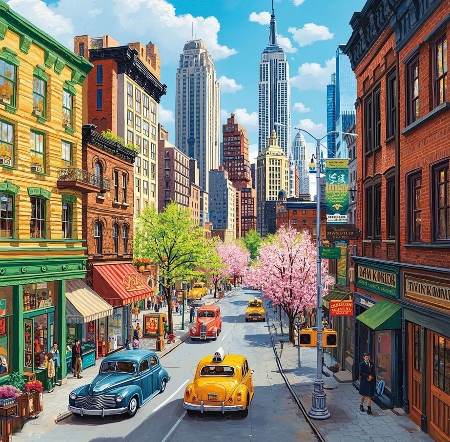 New York street with vintage cars, spring blossoms, colorful buildings and skyscrapers