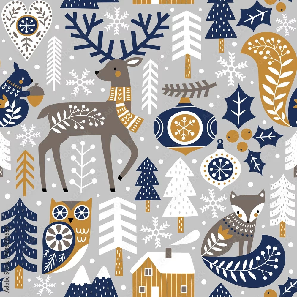 Scandinavian folk art Christmas pattern with reindeer, trees, snowflakes in navy, gold and gray