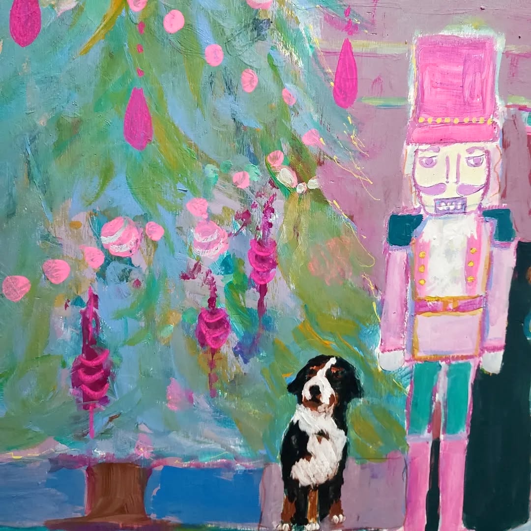 Painted Christmas tree with pink nutcracker and black-white dog in colorful festive setting