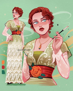 Illustrated woman in 1910s lace dress and olive wrap holding a cigarette holder on a green background