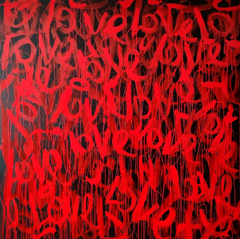 Abstract painting of layered red handwritten words on a dark textured background