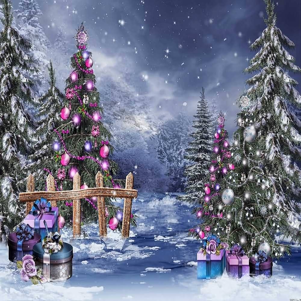Snowy Christmas trees with pink ornaments and gift boxes by a frozen pond at night