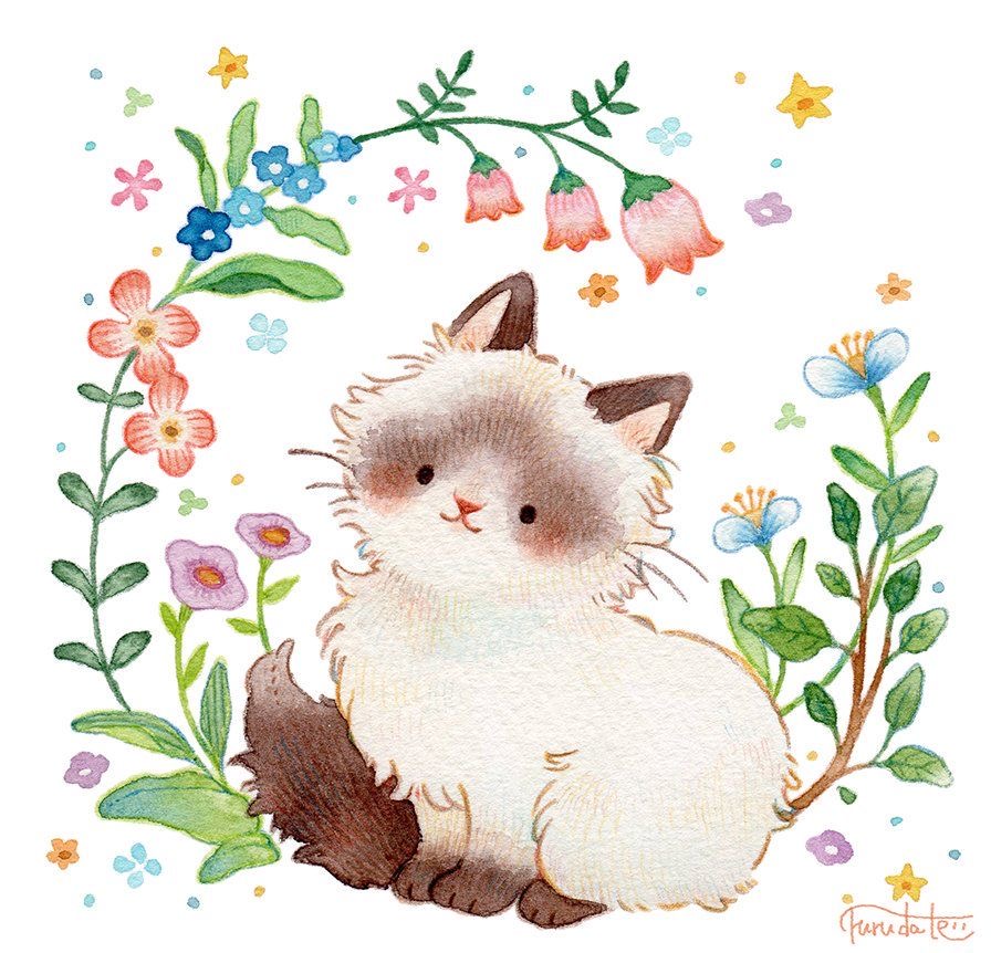 Illustration of a fluffy kitten surrounded by small flowers and green stems on a white background