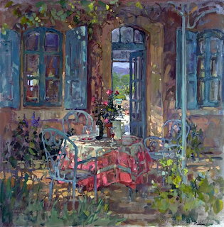 Impressionist painting of a rustic room with blue shutters, chairs, flowers, and an open door