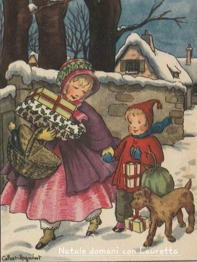 Two children with lantern and basket walking with dog in snowy village at Christmas time, vintage illustration style