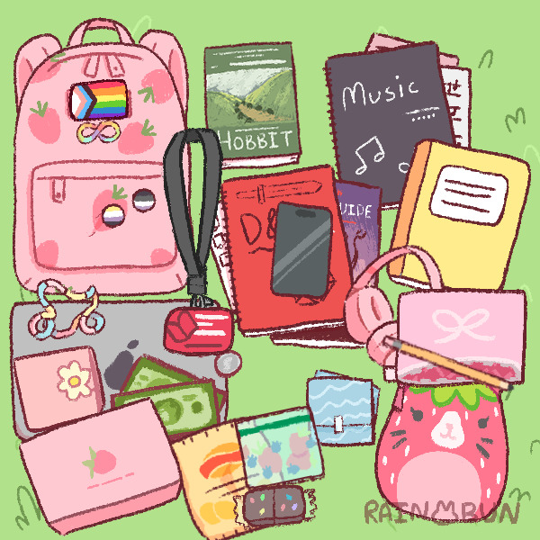 Illustration of a pink backpack and its contents, including books, phone, headphones, wallet, keys, and notes