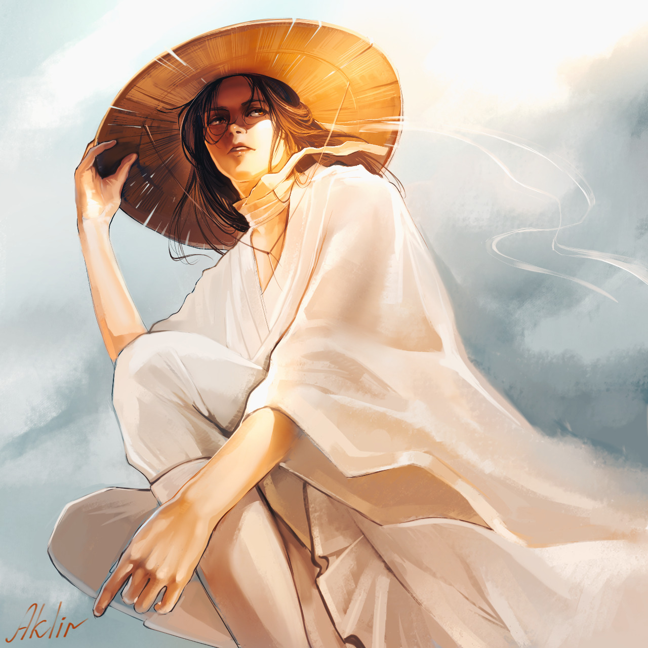 Anime character Xie Lian in white robes with golden hat sitting on clouds