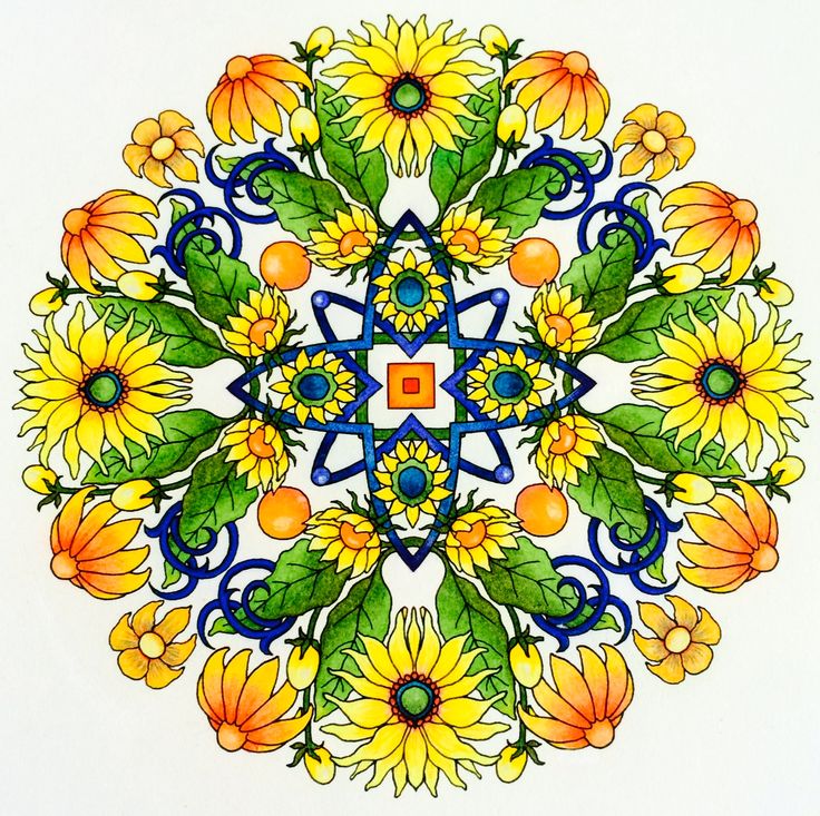 Circular mandala with yellow sunflowers and orange flowers in symmetrical pattern