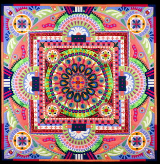 Colorful square mandala quilt pattern with bright geometric floral designs