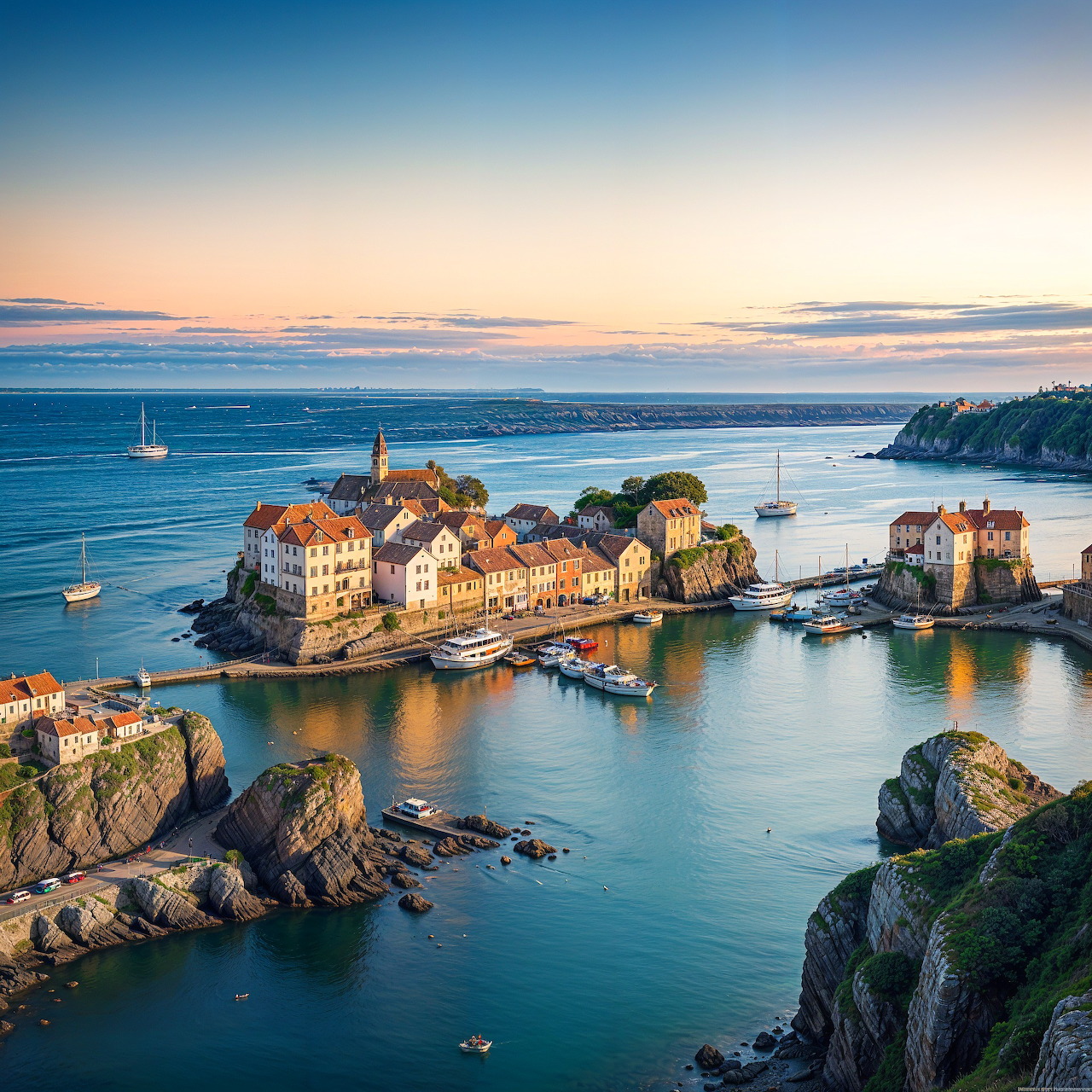 Coastal village on rocky peninsula surrounded by calm harbor waters at sunset with sailing boats