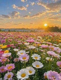 Colorful field of pink, white, and yellow daisies at sunset with golden sky and clouds
