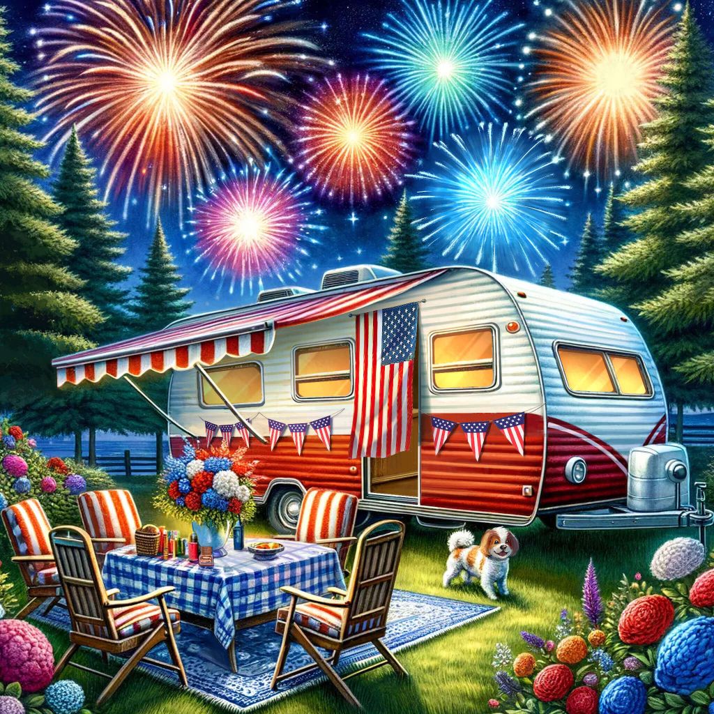 Vintage camper with American flags under colorful fireworks in night sky, picnic table and chairs in front