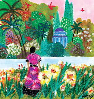 Woman in purple dress gazing at tropical island with gazebo, palm trees and colorful flowers