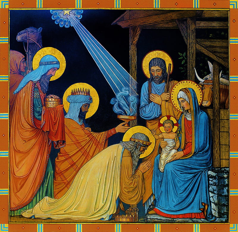 Religious icon painting showing the nativity of Jesus with Mary, Joseph, shepherds, wise men, and angels with golden halos