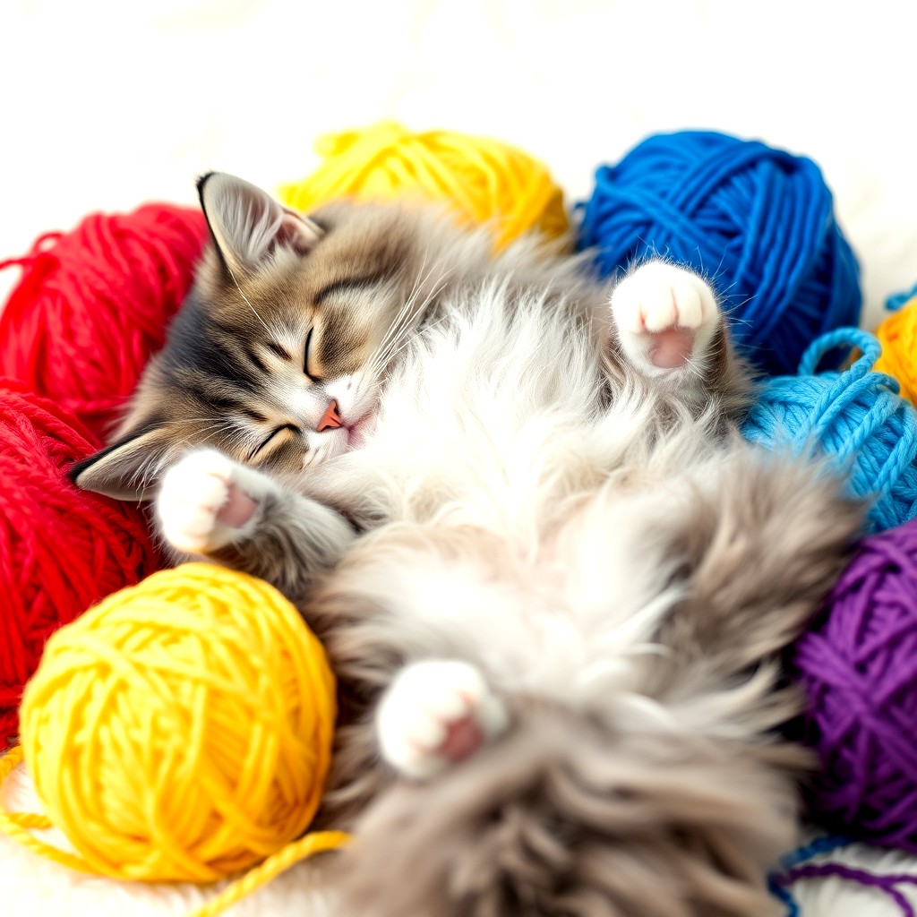 Gray and white kitten playing with multicolored yarn balls on white background