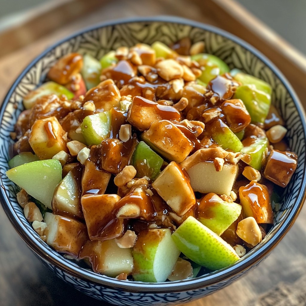 Bowl of apple salad with caramel, candy pieces, and marshmallows in decorative blue bowl