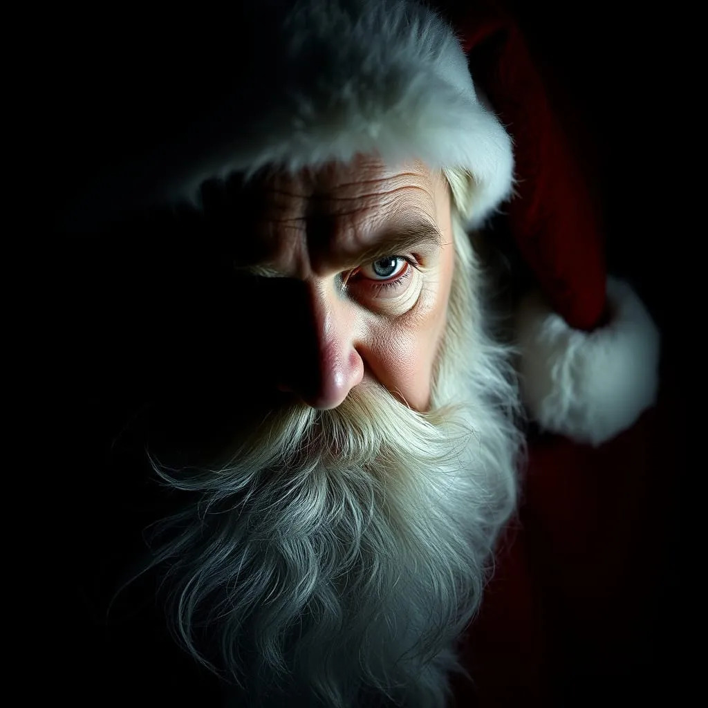 Close-up portrait of Santa Claus with a white beard and red hat in dramatic low light