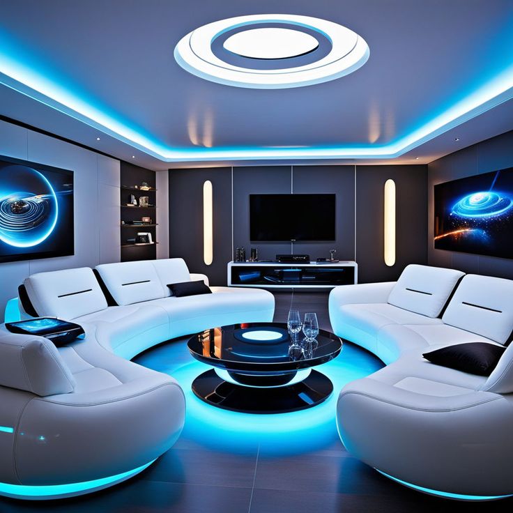 Futuristic white living room with blue neon lighting, curved sofas, and a round coffee table
