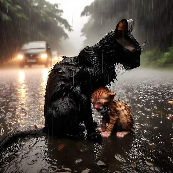 Cat Sheltering Kittens in Rain