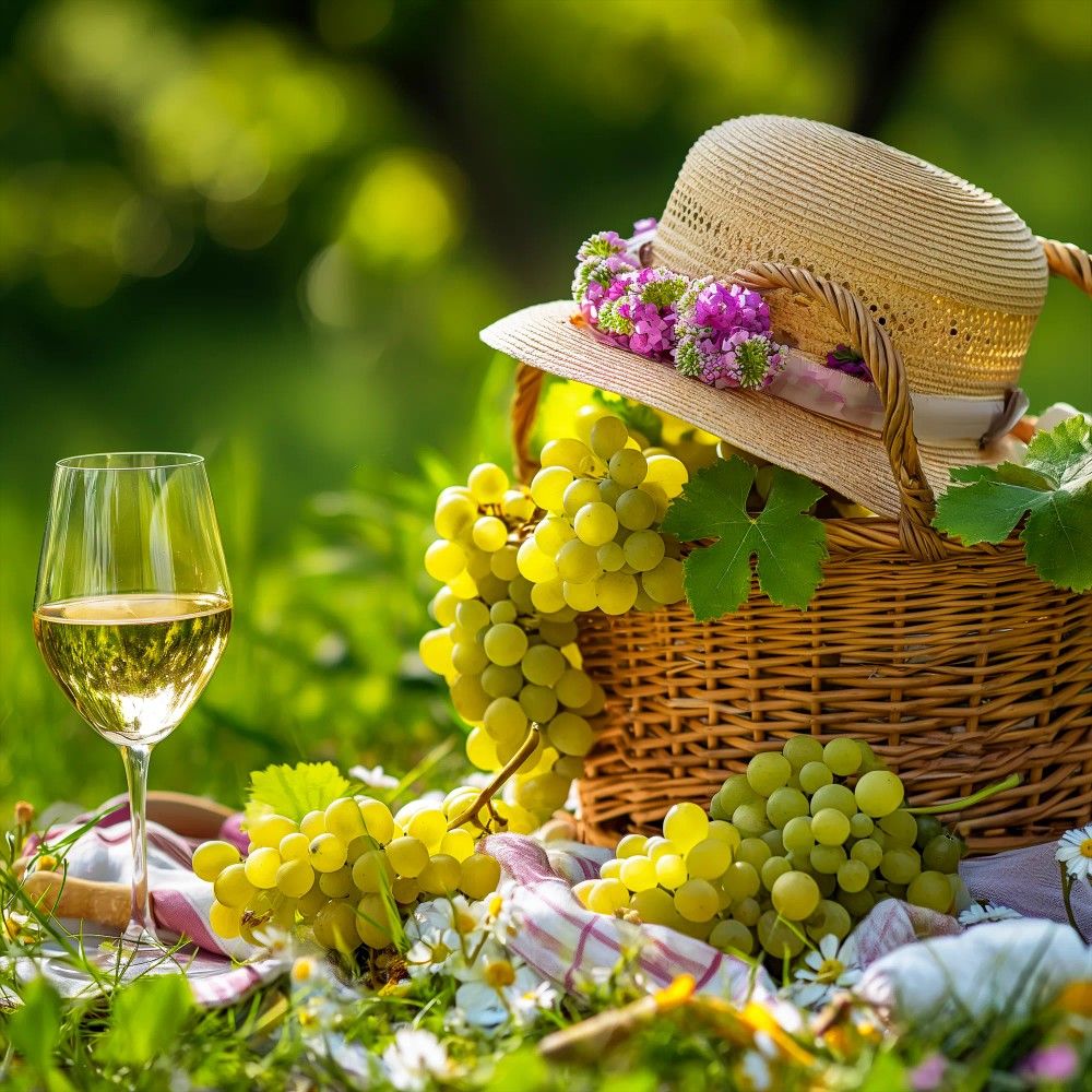 White wine glass and green grapes in basket with flower-adorned straw hat on grass