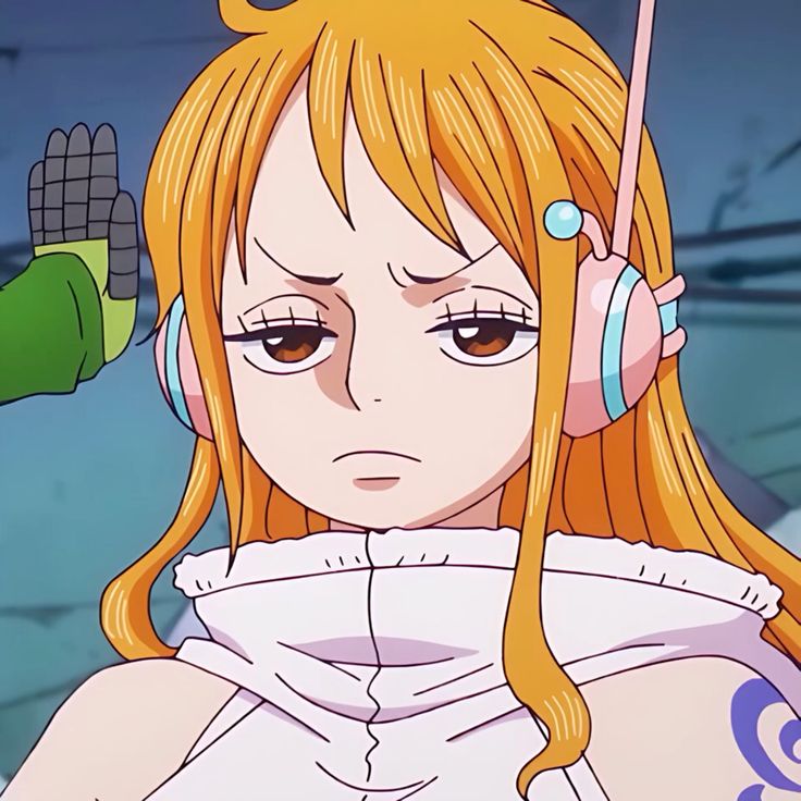 Anime girl with orange hair wearing white jacket and blue headphones looking annoyed