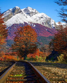 Railroad tracks leading to a snow-capped mountain with autumn trees and blue sky
