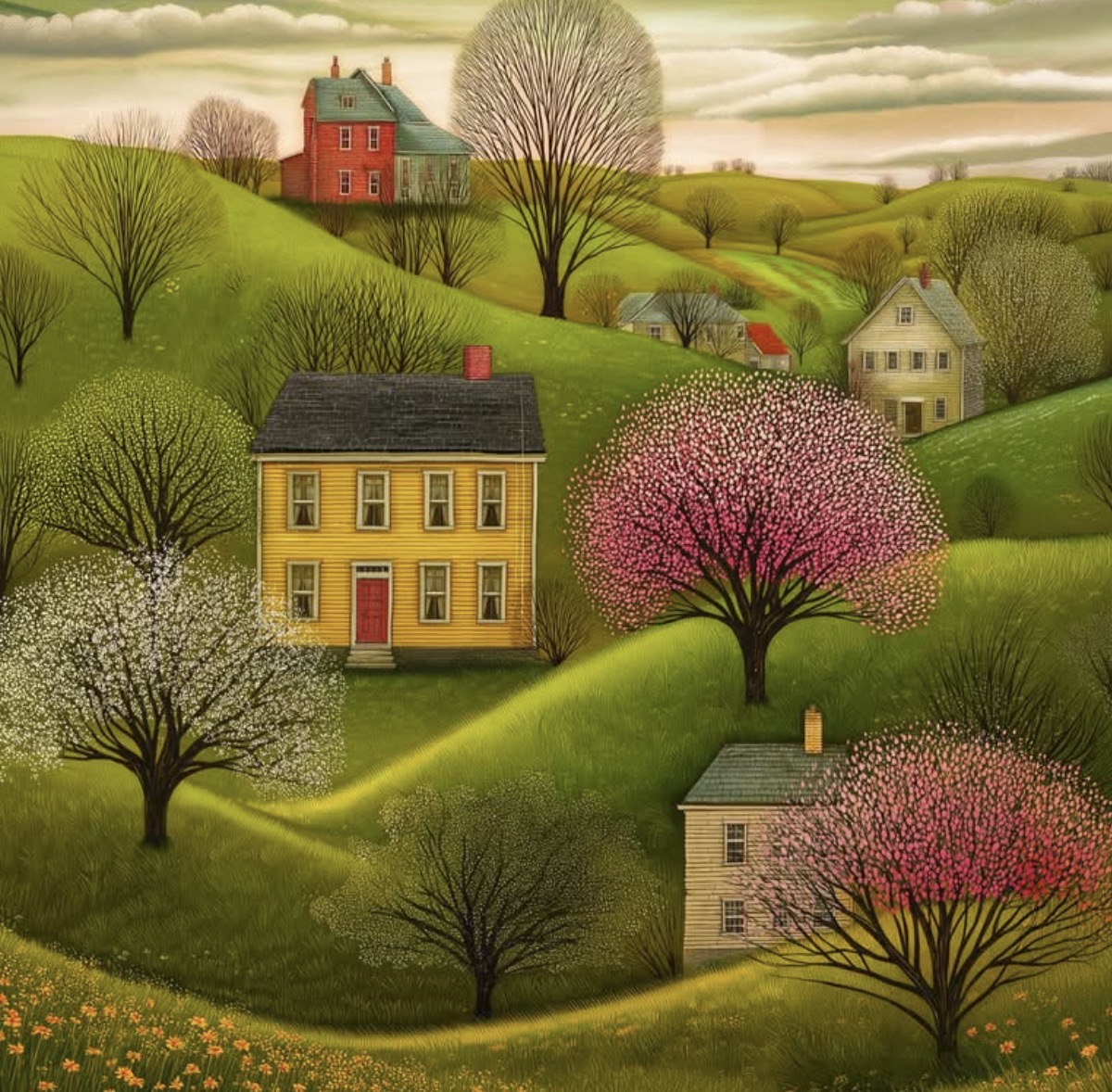 Folk art painting of houses on rolling green hills with bloming spring trees in pink and white